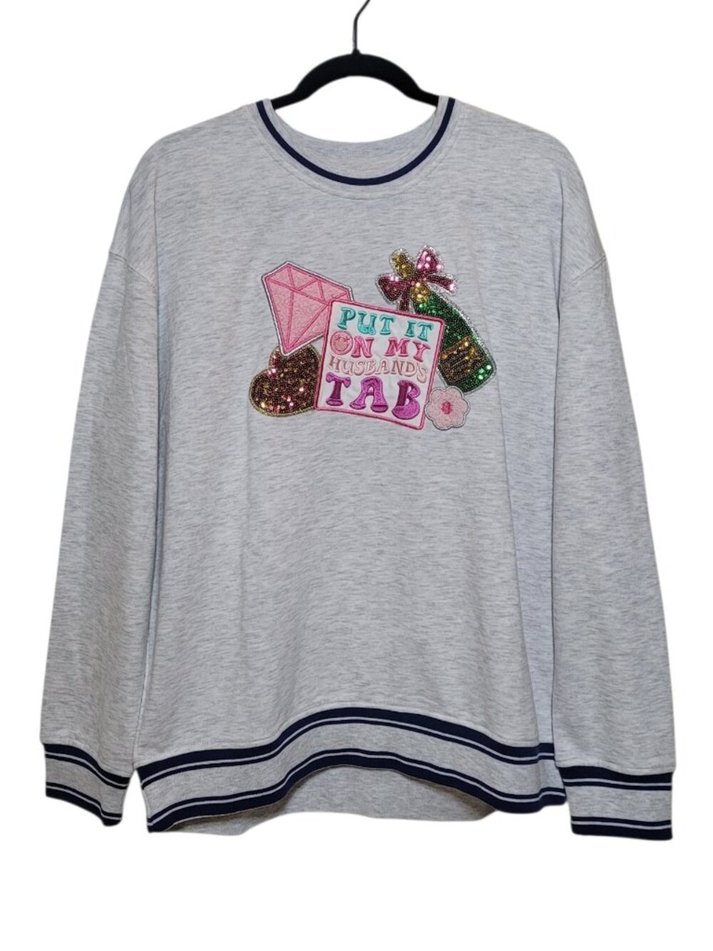 Simply Southern Sequin Varsity Sweatshirt Put It On My Husbands Tab Large Gray
